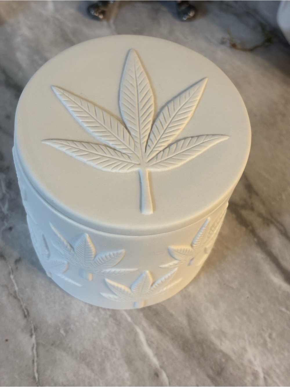 Jonathan Adler hashish candle White Embossed Leaf reuse stash jar after candle